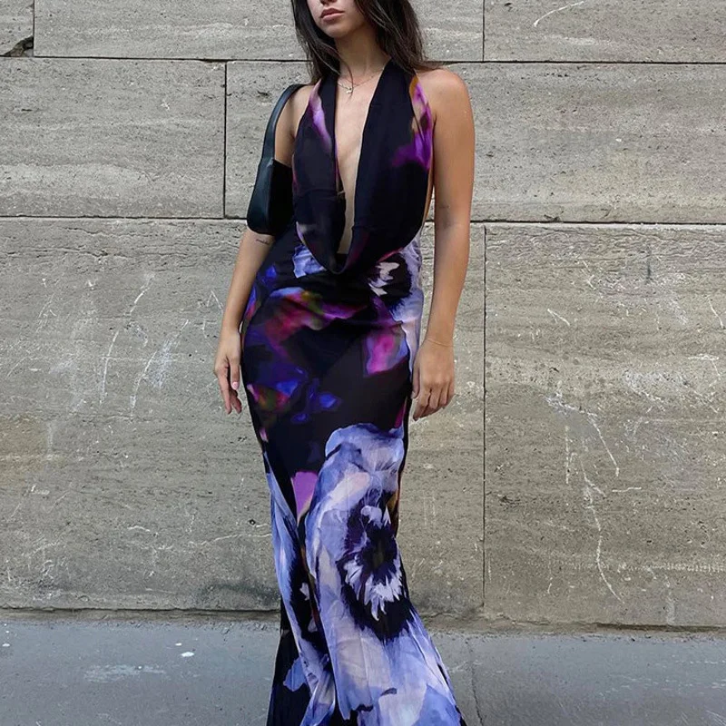 Backless Maxi Dress Women Sexy Purple Print Halter Bodycon Dress Summer Beach Outfits Elegant Sleeveless Club Party Dress