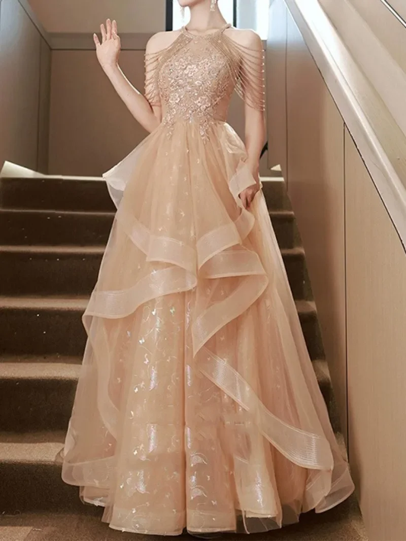 Luxury Halter Beading Long Evening Dresses 2024 Tulle A Line Prom Formal Dresses Elegant Occasion Gown Vestidos De Fiesta