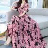 Elegant Beach Chiffon Floral Dress Casual Women 2023 Summer V-Neck Short Sleeve Waist Party Maxi Evening Dresses Korean Fashion
