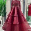 Burgundy Long Sleeve Muslim Evening Dresses Tulle Ruffels Wedding Party Dress Luxury Turkey Prom Gowns Elegant High Neck Turkey