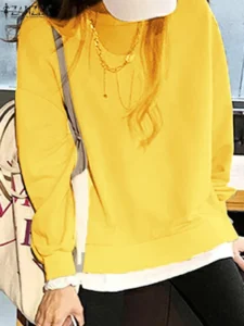 ZANZEA 2023 Fashion Long Sleeve Drop Shoulder Sweatshirts Women Pullover Autumn Solid Color Hoodies Korean Casual Round Neck Top - Image 5