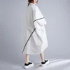 #3483 White Women Asymmetrical Shirt Dress Batwing Sleeve Loose Front Buttons Midi Dress Big Pockets Turn-down Collar Summer2023 - Image 2