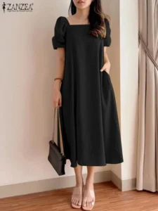 Elegant Short Puff Sleeve A-line Party Vestidos ZANZEA Women Square Neck Midi Dress Korean Fashion Leisure Solid Smock Dresses - Image 3
