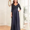 Lucyinlove Elegant Sequins Long sleeve Evening Dress 2024 Women Deep V-neck Satin Prom Party Dress Floor Length Blue Formal Gown