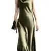 New Women Acetate satin Dress long maxi Sundress elegant swinging collar artificial silk Party Dresss Robe Avocado Green White