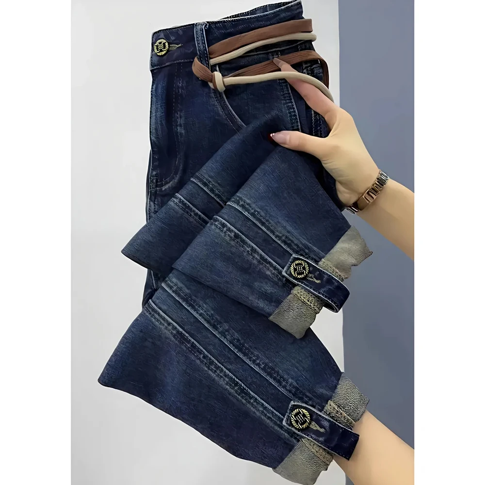 2023 NEW Spring Autumn High Waist Straight Jeans Large Size Loose Fit Stretch Haren Denim Pants Ladies Ankle-Length Jeans Pants