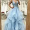 ANGELSBRIDEP Blue A-line Evening Dress Ruffles Party Prom Gowns vestido de noche Beading Applique Princess Formal Celebrity Gown