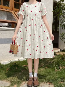 Preppy Style Strawberry Embroidery Fairy Girly Elegant Summer Long Dresses For Women Sweet Short Sleeve Dress Student Clothing - Image 4