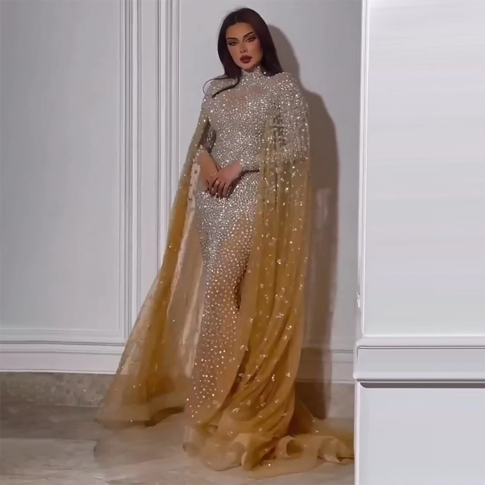 Serene Hill Muslim Gold Mermaid Elegant Cape Sleeves Beaded Luxury Dubai Long Evening Dresses Gowns 2024 For Woman Party