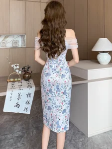 Women Fashion Print Chic Off Shoulder Sexy Slit Long Dress Summer Luxury Party Vestidos 224 Korean Vintage Elegant Festival Robe - Image 6