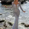 Elegant Beads Mermaid Evening Night Dress for Women Long Sleeves Sequin Floor Length Formal Prom Wedding Party Gowns
