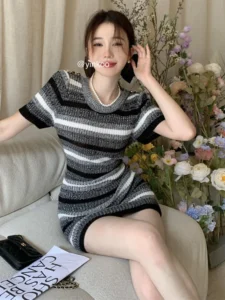 Summer New Korean Stripe Casual Dress Women Knitted Short Sleeve Chic Spicy Girl Slim Fit Dress Vestidos - Image 4