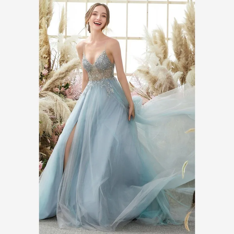 Free Shipping Sexy V-collar Perspective Dress Women Prom Dress Real Image High Quality Evening Gowns Sexy High Slit Party