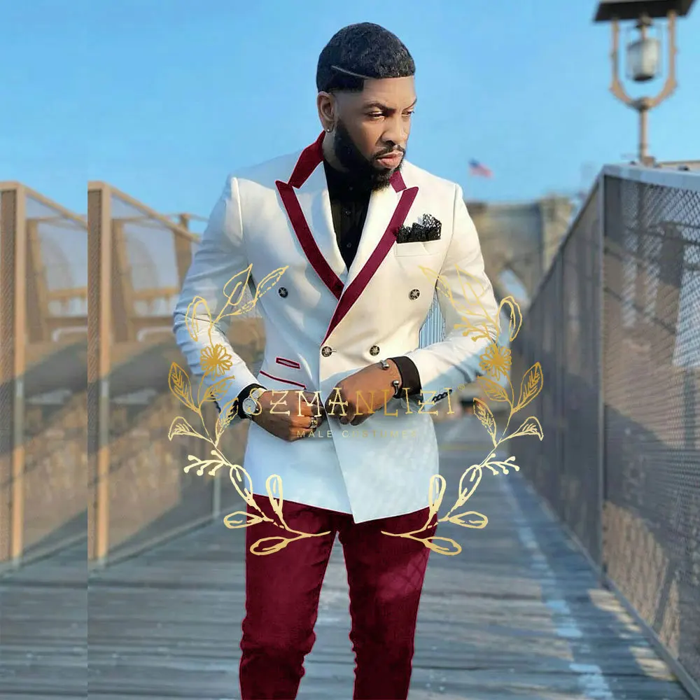Handsome Double Breasted Formal Men Suits Costume Homme Prom Terno Masculino Groom Blazer Wedding 2 Pcs (Jacket Pants)