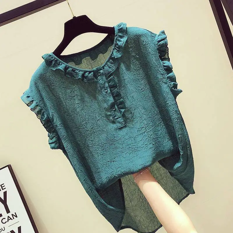 Korean Version Unique Sweet Ruffled Edge Sleeveless Shirt for Women's Summer Loose Slimming Simply Stylish Versatile T-shirt Top