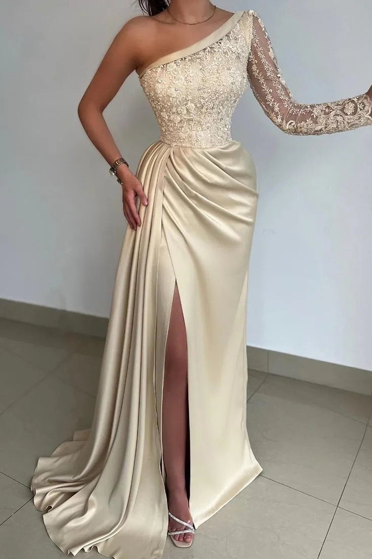 2023 New Design Mermaid Champagne Prom Dresses Lace One Shoulder Long Sleeve Beaded Ruched Pleats High Slit Evening Party Gowns