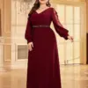 XUIBOL Plus Size Elegant Red Drilling V-Neck Evening Dress For Women Long Sleeve Party Maxi Prom Applique Cocktail Dress Vestid