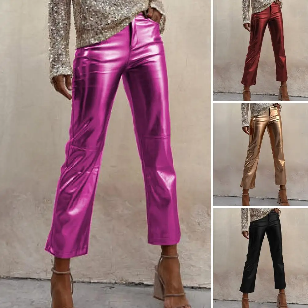 Autumn Slim Fit Pants Stylish Women's Slim Fit Faux Leather Pants with Zipper Closure Breathable Fabric for Club Party Casual