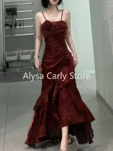 Korean Vintage Velvet Long Dress Women Luxury Slim Mermaid Spaghetti Strap Floral Dress Elegant Sexy Casual Evening Party Dress - Image 4