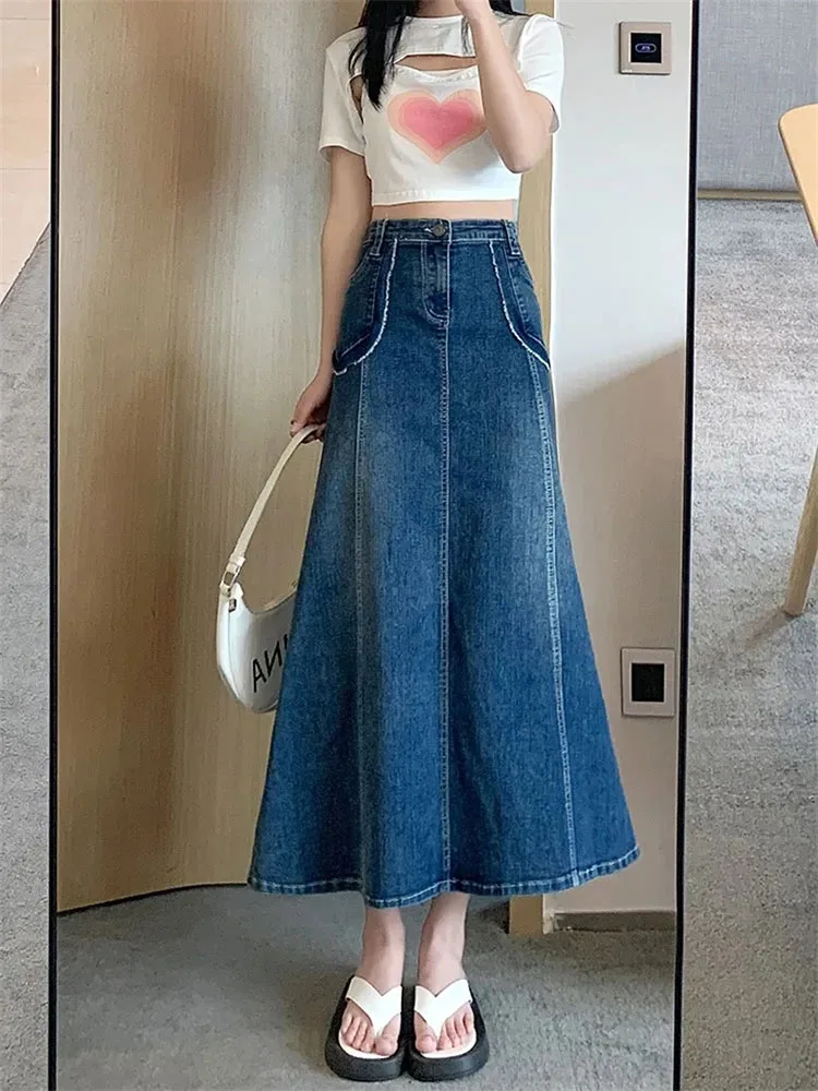 Spring Summer Women Denim Long Skirts High Waist A-line Skirts Retro Jean Skirts Large Size 5XL Streetwear Lady Casual Skirts