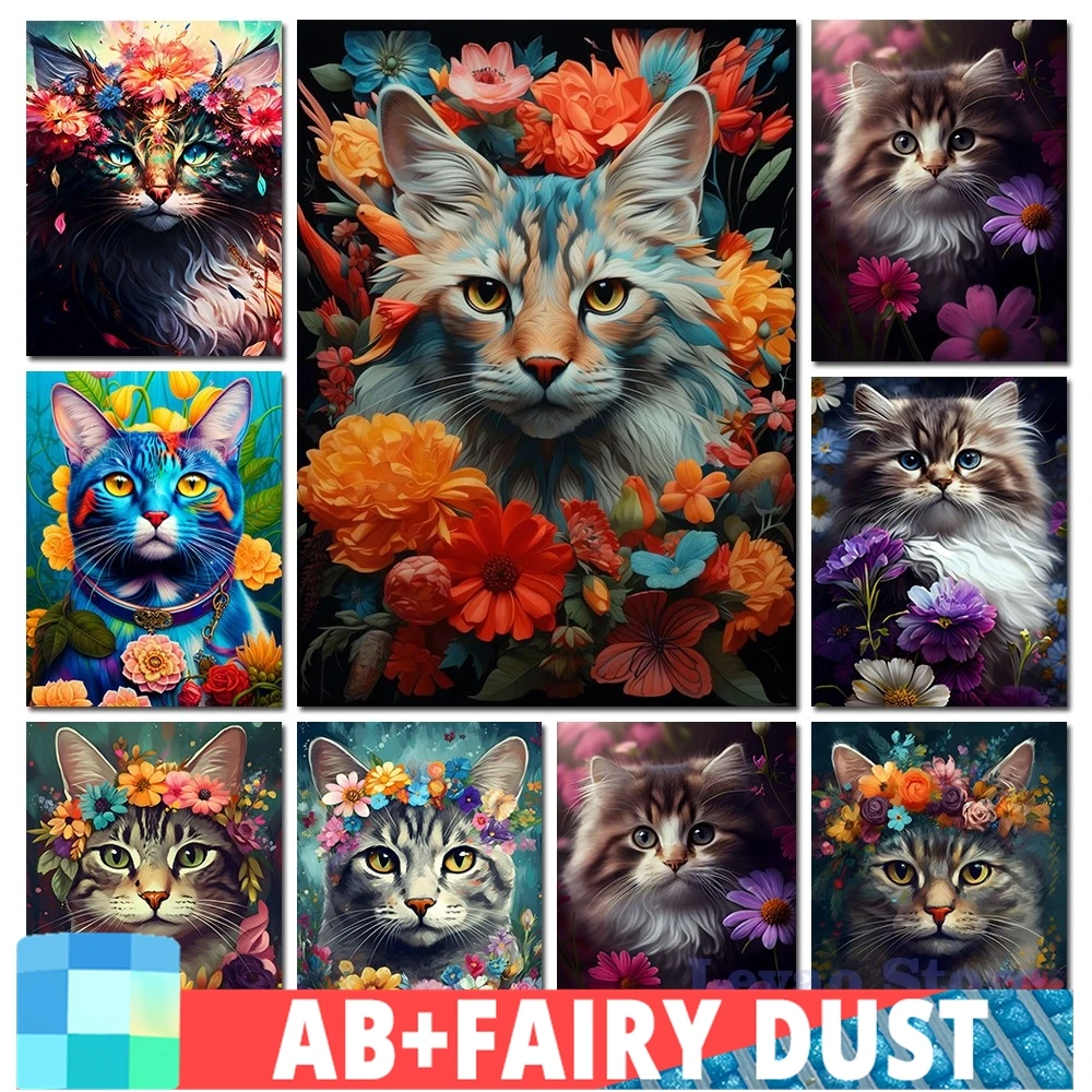 AB Fairy Dust Mosaic Cat In Flowers Bouquet New Collection 2024 5D Diamond Painting Dream Animal Cross Stitch Embroidery Kit