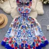 Runway Red Blue And White Porcelain Flower Print Tank Dress Women's Sleeveless Single Breasted Belt Midi Beach Party Vestido