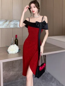 Red Patchwork Black Bow Chic Gala Dresses Woman Summer Elegant Bodycon Sling Sexy Dress 2024 Korean Luxury Party Evening Dresses - Image 4