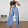 Women's Jeans 2023 Spring Fashion Ripped Side Slit Casual High Waist Pocket Design Daily Wide Leg Jeans Y2K Streetwear