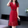 Lace Patchwork Belt High Waist Elegant Party Dresses for Women Summer Korean Fashion V Neck Short Sleeve Slim Midi Dress Vestido - Image 4