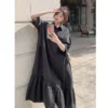 Summer New Khaki Loose Pleated Midi Dress Polo Neck Short Sleeve Solid Plus Size Casual Dresses Fashion Korean Women Clothing - Image 5