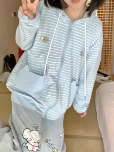 HOUZHOU Y2k Harajuku Kawaii Striped Hoodie Women Korean Fashion Cat Embroidery Zip Up Oversized Sweatshirt Preppy Autumn 2023 - Image 2