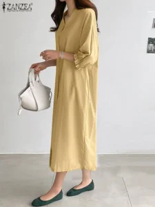 ZANZEA 2023 Autumn Women Holiday Dress 3/4 Sleeve Buttons Long Shirt Dress Loose Fashion V-Neck Midi Robe Casual Pleated Vestido - Image 4