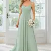 Elegant Evening Dress V Back Backless Floor-Length Ever Pretty 2024 of Chiffon Wrinkle Mint Green Bridesmaid Dress