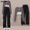 Women's Tracksuit Suit 2023 Autumn New Fashion Short Sweater Strap Cargo Pants Three Piece Korean Elegant Matching Set - Image 4