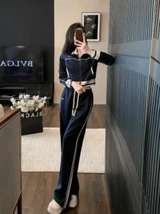 Korean Version White Sports and Casual Set Women's Autumn 2023 New Slim Standing Neck Zipper Top Wide Leg Pants Two Piece Set2XL - Image 6