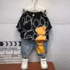 Korean Fashion Cartoon Summer Set Baby Boys Clothes Short Sleeve Print Pullover Shirt Jeans Pants 2pcs Children 1-8Y Sport Suit - Image 2