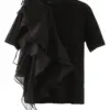 [EAM] Women Black Irregular Ruffles Big Size Elegant T-shirt New Round Neck Short Sleeve Fashion Tide Spring Summer 2024
