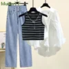 Women's 2024 Summer New Casual Denim Wide Leg Pants Matching Set Korean Elegant Sunscreen Shirt Tank Top Jeans Three Piece Suit - Image 2