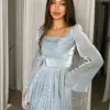 Sky Blue Evening Dresses Pleated Long Sleeves Chiffon A-Line Square Collar Saudi Arabia Prom Dresses Wedding Party Gowns Women