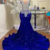 Luxury Royal Blue Evening Dresses Dubai Velvet Mermaid Long Prom Gowns Black Girls Beaded Crysatl Birthday Party Formal Maxi Rob