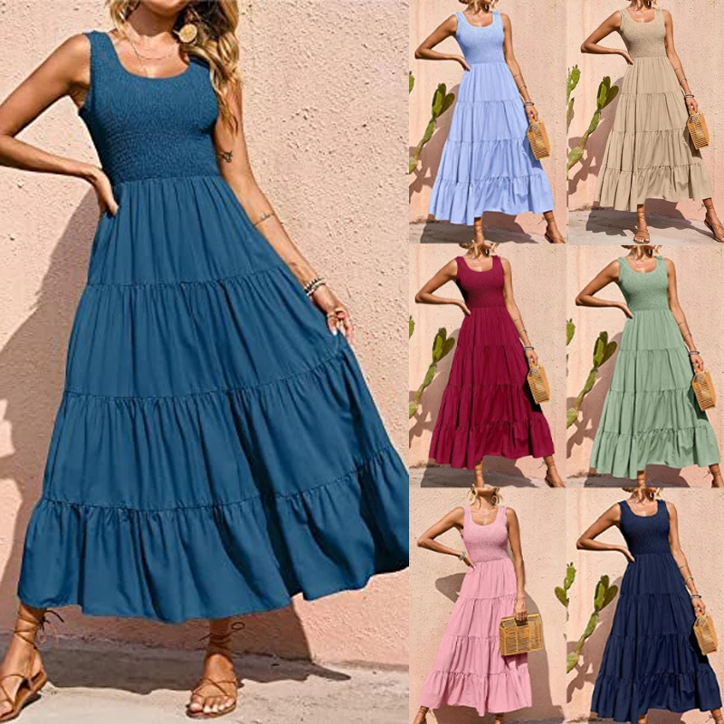 Bohemian Beach Long Dresses Women Summer New In Sleeveless Elegant Dress Female Vintage Solid Color Party Big Swing Maxi Dress