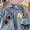 Waffle Handsome Two-piece Set Women Summer HongKong Tops Wide Leg Shorts Short-sleeved Shirt Letter Shorts Casual Sports Suit - Image 5