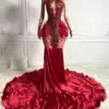 Luxury Women African American Prom Dresses For Black Girls Elegant Mermaid Crystals Feather Burgundy Birthday Party Gown Nigeria