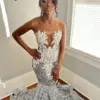 Sexy Glitter Silver Diamonds Prom Dresses Sheer Neck Crystal Beads Sequins Gown Party Gown Wedding Evening Gowns Court Train