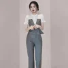 New Korean Popular Ruffle Short Sleeve Asymmetric Chiffon Shirt Casual Pants Two-piece Elegant Women's Pants Set Office Outfits - Image 3