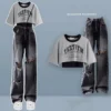 Spring/Summer Sweet Cool Set for Female Students Korean Fashion T-shirt Personalized Ripped Jeans Two-piece Set - Image 2