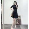 High Quality Spring Summer Elegant Black Knitted Dress for Women Three Row Buckle Slim Waist Short A-line Basic Knit Dresses - Image 3