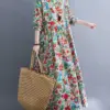 Cotton Vintage Floral Print Long Sleeve Spring Autumn Dresses For Women 2024 Casual Loose Elegant Dress Beach Robe Longue Femme
