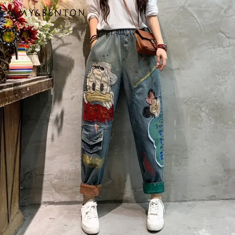Potdemiel Spring Retro Embroidered Loose Large Size Contrast Color Curling Jeans Women Casual High Waist Denim Pants for Ladies