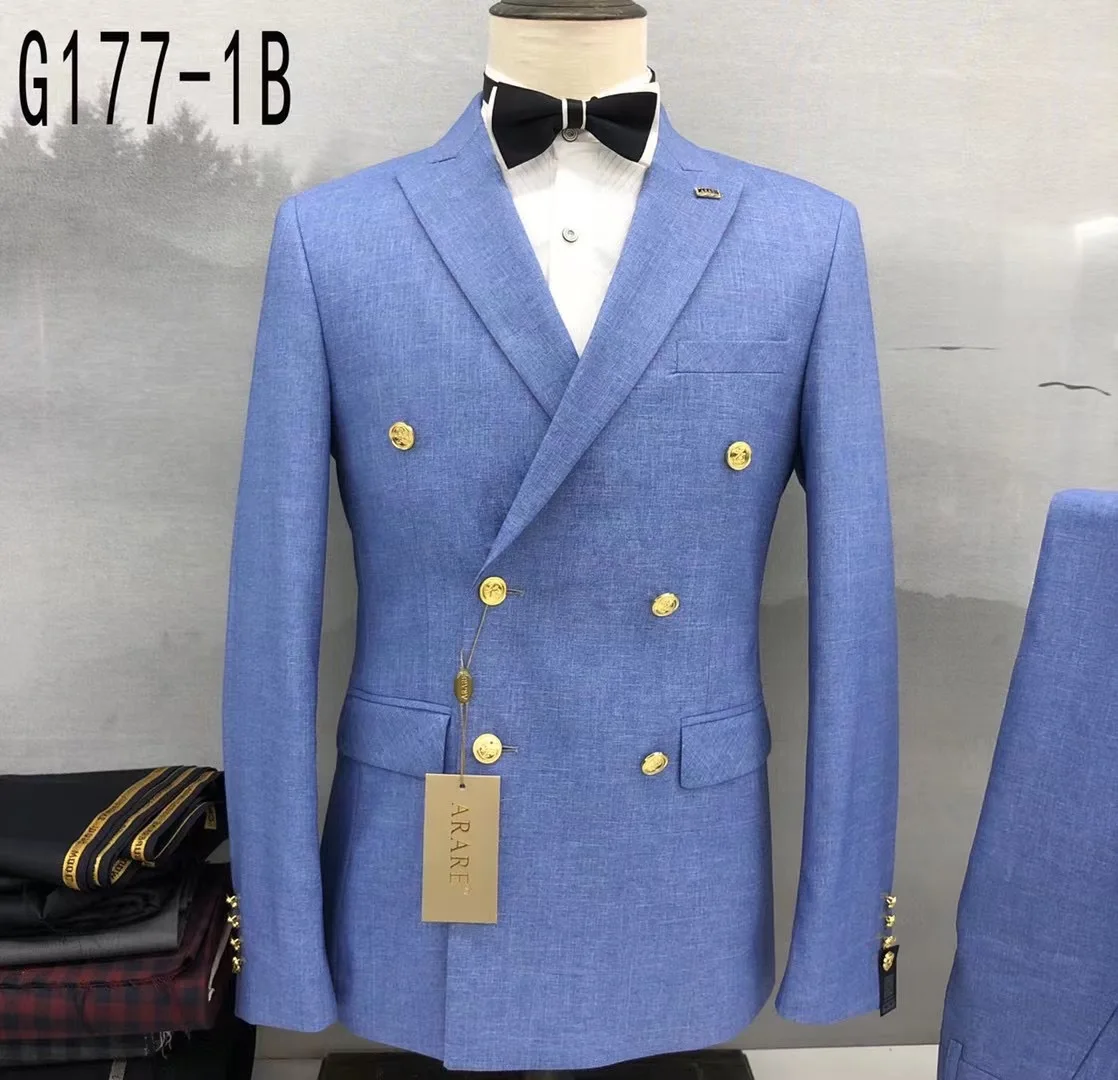 Fashion Plaid Mens Suit 2 Pieces Slim Fit Double Breasted Wedding Blazer Pants Set Business Printed Suits for Men Luxury Tuxedos